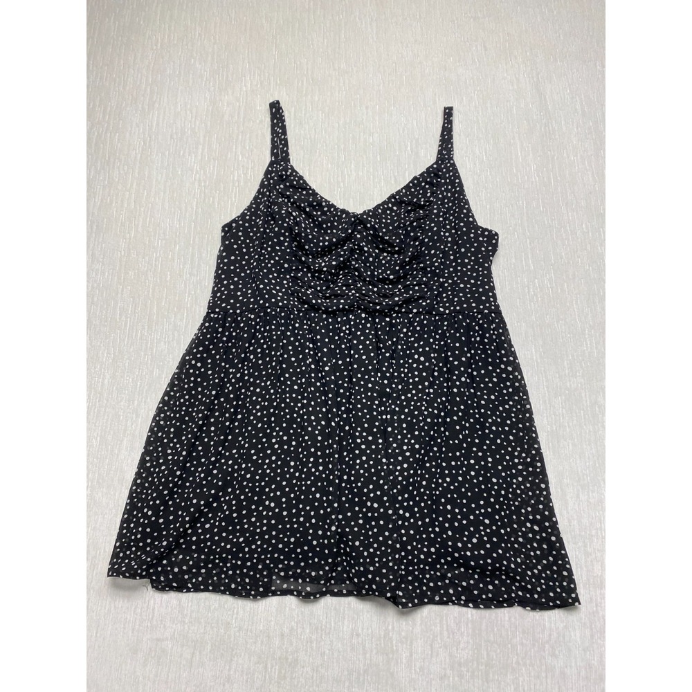 Torrid Babydoll Chiffon Shirred Tank Women 1 1X Black Polka Dot Smocked V-Neck